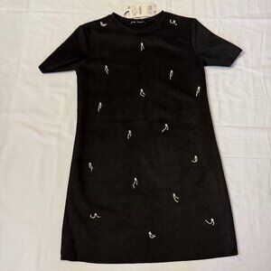 ZARA Black Rhinestone Embellished Mini Dress | Faux Suede Short Sleeve Dress XS